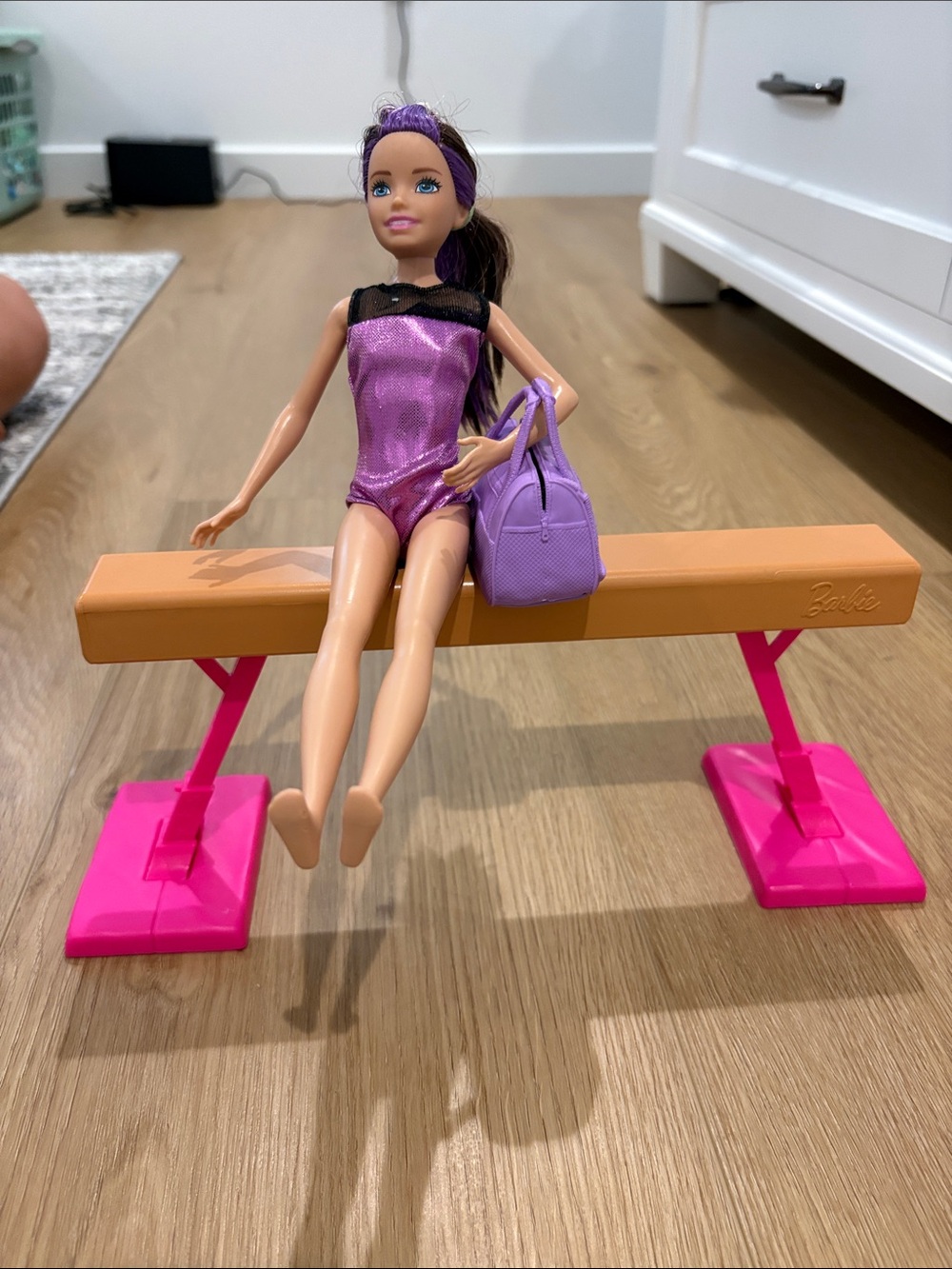 Barbie Purple Gymnast Doll with Pink Beam Supports and Tan Balance Beam